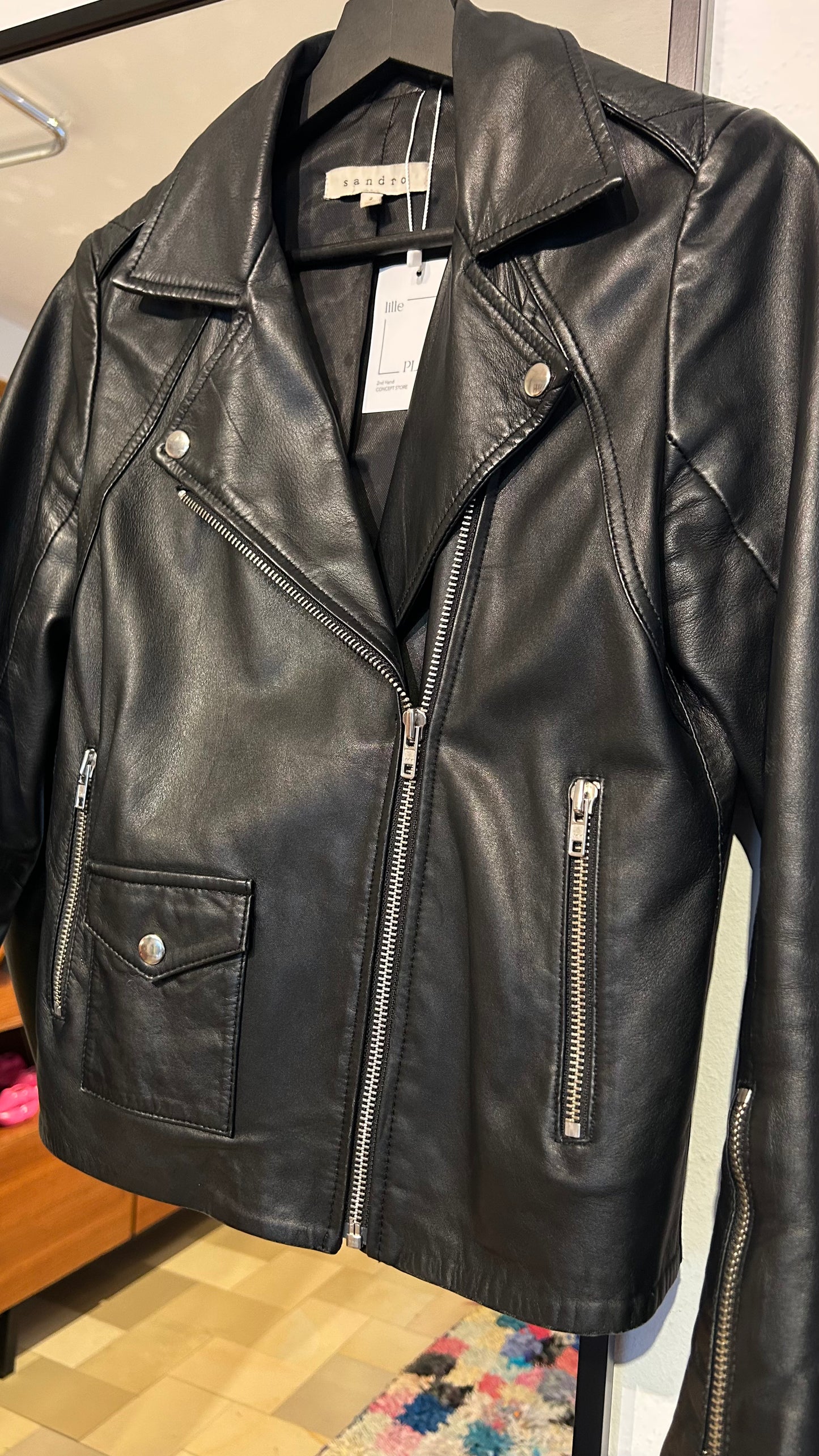 SANDRO Lederjacke blk / S