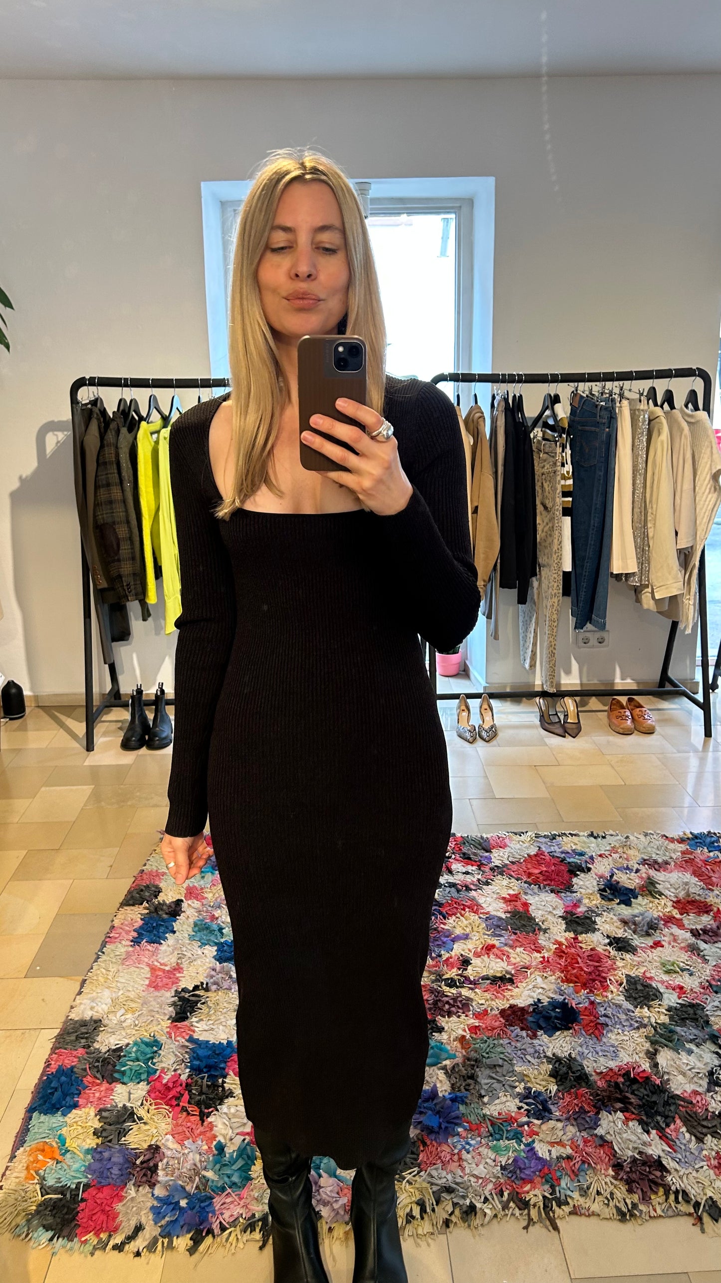 GANNI Maxikleid Rippstrick blk / M