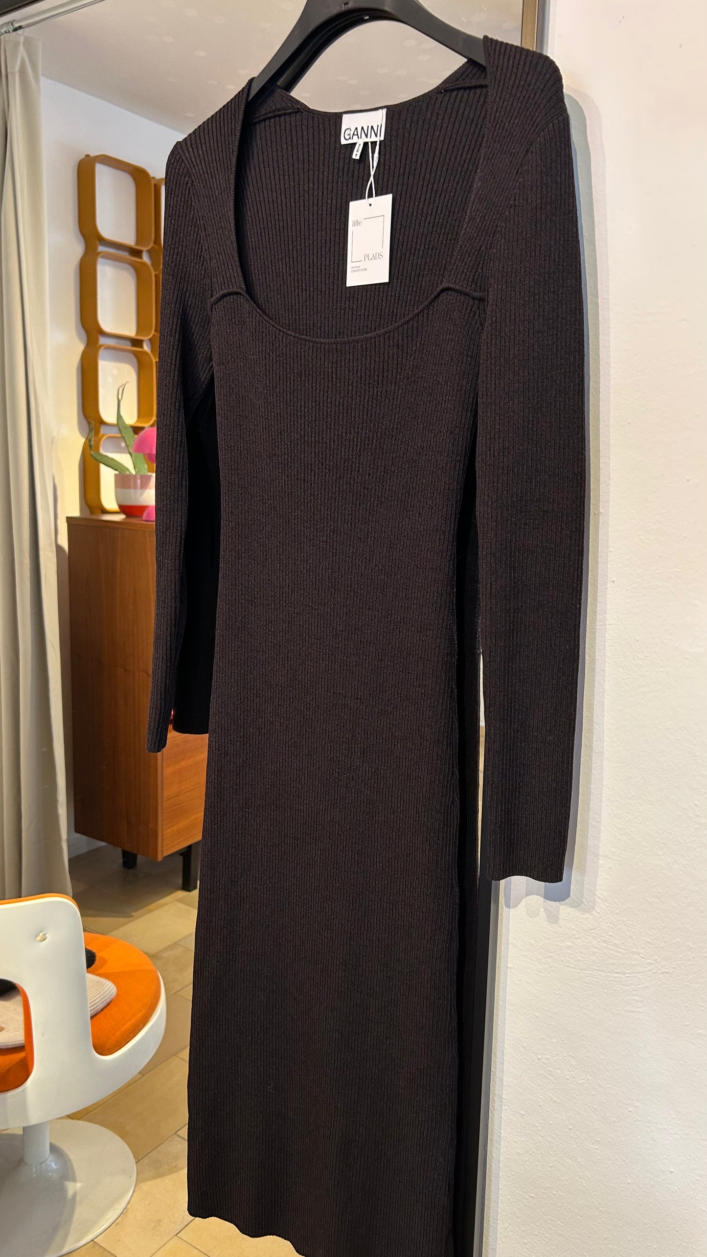 GANNI Maxikleid Rippstrick blk / M