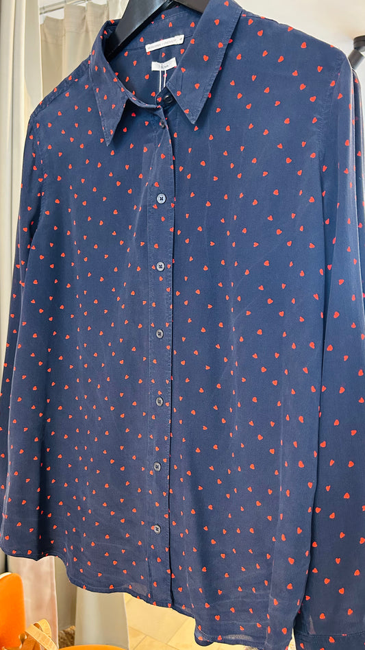 MONOPRIX Seidenbluse dunkelblau/rot Herzen